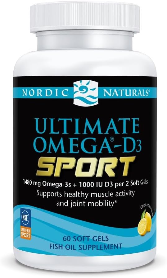 Nordic Naturals Ultimate Omega-D3 Sport Lemon - 60 Soft Gels - 1480 mg Omega-3 + 1000 IU Vitamin D3 - NSF Certified - Supports Muscle Bones Focus &amp Endurance - 30 Servings