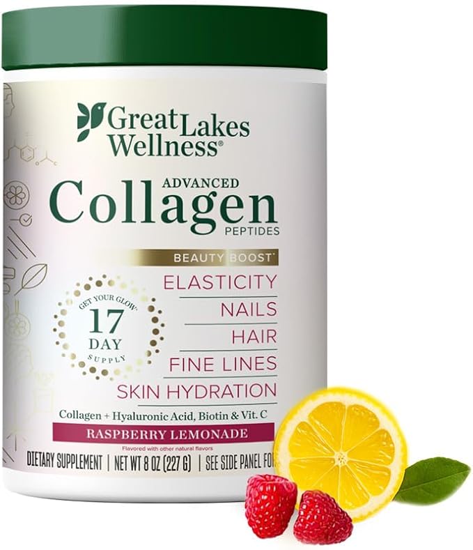 Great Lakes Wellness Beauty Boost Advanced Collagen Peptides Powder with Hyaluronic Acid Biotin Vitamin C - Skin Elasticity and Hydration - Raspberry Lemonade Flavor - Non-GMO Keto Kosher - 8 oz