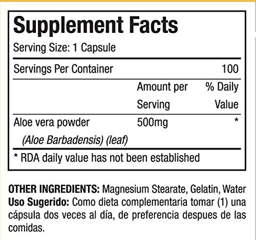 Nutrisalud Products Capsulas de Savila Aloe Vera Capsules 500mg. Set de 2 frascos 100 capsulas CADA uno.Efectivo Contra ulcerasagrurasmala DigestionColitisestreñimiento.Dura mas de 3 Meses.