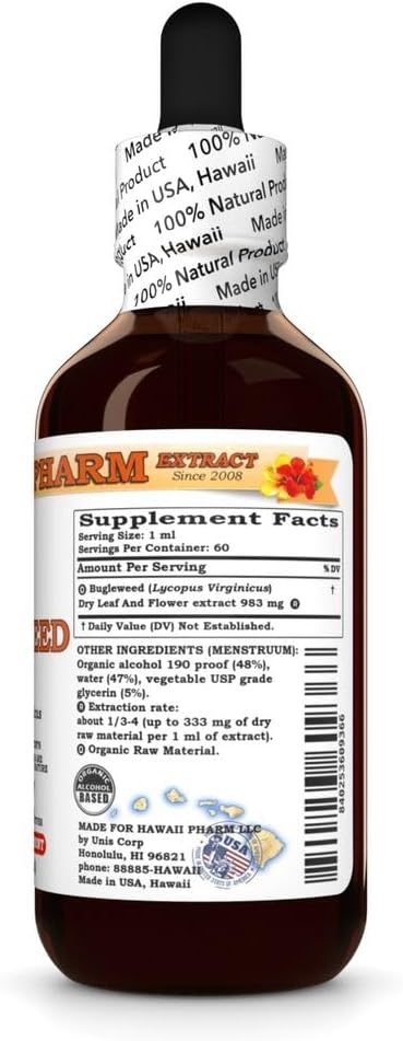 Hawaii Pharm Bugleweed Extract Tincture for Thyroid Balance Eases Premenstrual Discomfort Soothes Breast Tenderness Supports Women's Wellness - 2 fl.oz