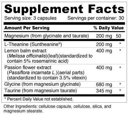 Well+vita Calm Supplement for RelaxationSleep &amp Daytime Zen with Magnesium Glycinate and Taurate L-Theanine Passion Flower Lemon Balm Taurine (90 Veggie Capsules)