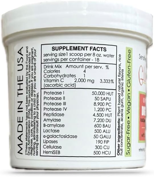 Sufficient-C - Glutenizer Force Plus Kiwi-Strawberry Digestive-Ade Drink Mix - Naturally Effective Premium Full Spectrum Enzyme Blend with 2000 mg. Vitamin C - Acid Reflux Indigestion Solution