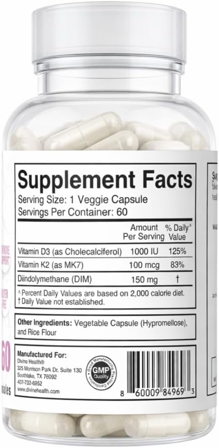 Dr. Colbert MD Hormone Zone | by Divine Health | 150mg of DIM | 100mcg of Vitamin K2 | 1000IU of Vitamin D3 | 60 Day Supply | 60 Capsules