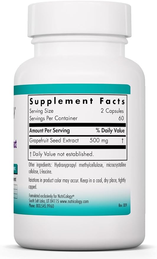 Nutricology Citrus Seed Extract Supplement - Grapefruit Seed Extract 500mg Supports Metabolic Function Contaminant Free Vegetarian Capsules - 120 Count