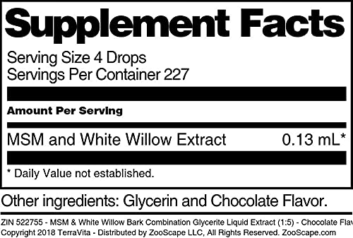 MSM &amp White Willow Bark Combination Glycerite Liquid Extract (1:5) - Chocolate Flavored (1 oz ZIN: 522755)