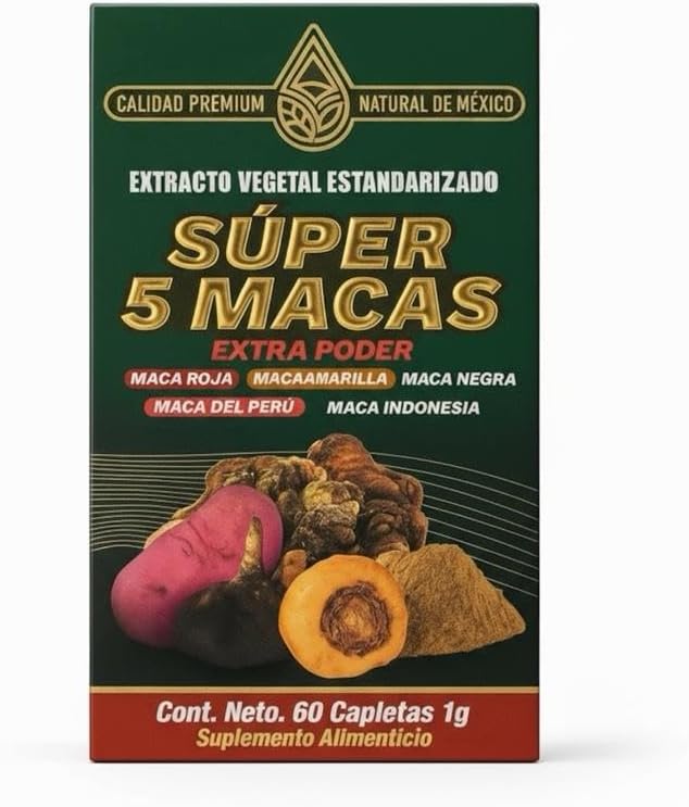 Super 5 Macas – Suplemento Natural Premium | Extra Power con Maca Roja Amarilla Negra del Perú e Indonesia | Energy Vitality &amp Hormonal Balance Support | 60 Capletas 1g