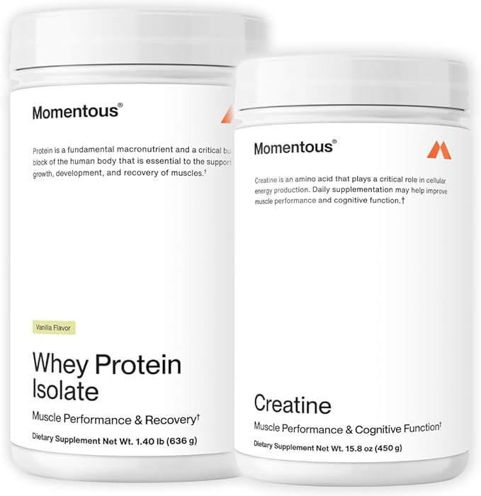 Momentous Creatine Monohydrate Powder &amp Essential Grass-Fed Whey Vanilla Protein Powder - Supports Strength Lean Muscle &amp Recovery - 20 g Isolate Protein - NSF Certified for Sport - Gluten-F