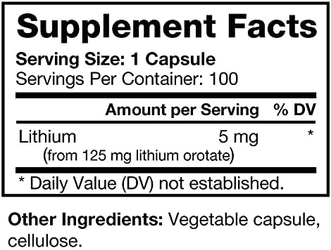 Lithium Orotate - Bioavailable Chelated Mineral Supplement - 5 mg per Capsule - Supports Brain Health Cognition &amp Mood - 100 Capsules