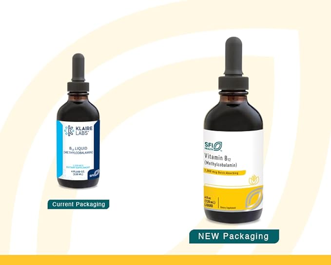 SFI Health Klaire Labs Vitamin B12 Liquid - Methylcobalamin B12 Drops - Formulated for Superior Absorption - Support Healthy Cognition &amp Efficient Nutrient Delivery - Vegan (120 Servings 4 Fl Oz)