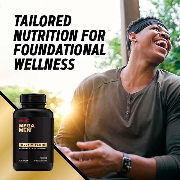 GNC Mega Men Multivitamin Caplets Clinically Proven to Feel Better Immune Support Energy Support Antioxidants B Vitamins Vitamin D-3 Timed Release 180 count 90 day supply