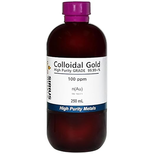 250 mL of Gold NanoParticle (AuNP) Solution: 100 mg/L of 99.99+% Pure Gold AuNPs in Water - Clear Plastic Bottle