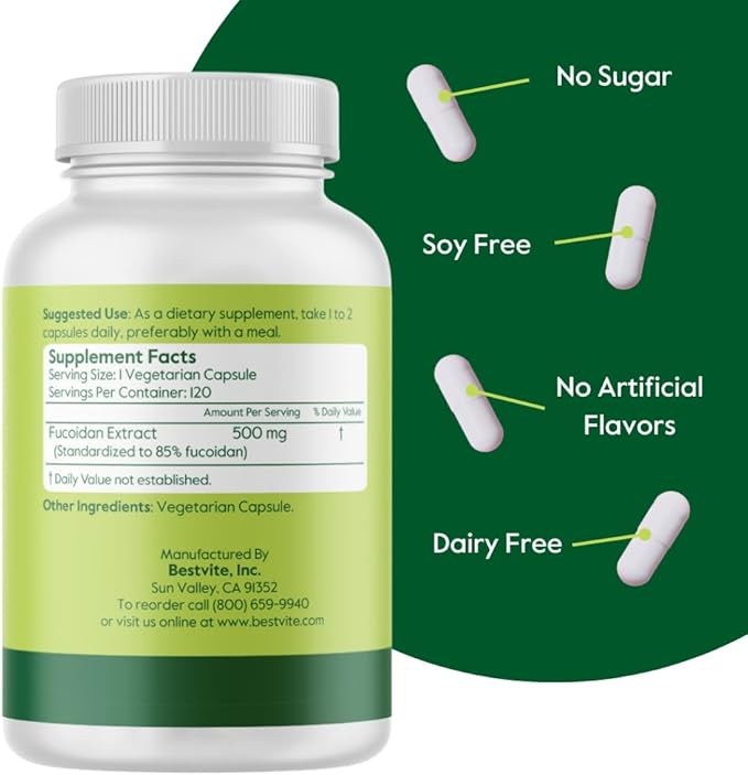 BESTVITE Fucoidan Extract 500mg (Standardized to 85% Fucoidan) (120 Vegetarian Capsules) No Fillers - No Stearates - No Flow Agents