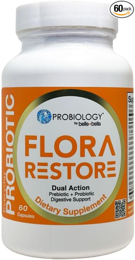 belle+bella Flora Restore Daily Probiotic - 15 Billion Live Cultures - Probiotics &amp Prebiotics for Digestive &amp Gut Health - Immune Support - Promotes Regularity - Vegan &amp Gluten Free - 60