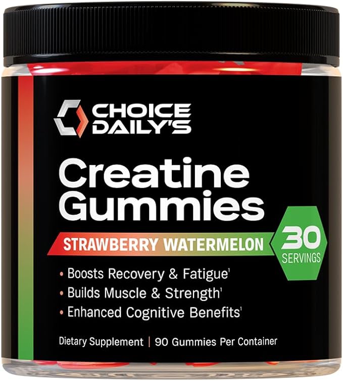 Creatine Gummies - 90 Vegan Friendly Chews - USA Made - Boosts Recovery - Builds Muscle - Enhanced Cognitive Benefits (Large Strawberry Watermelon)