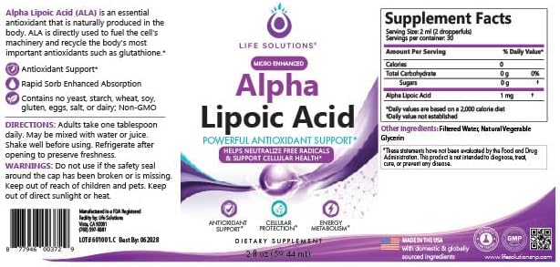 Life Solutions Liquid Alpha Lipoic Acid with Dropper – 2 fl oz – High Absorption Antioxidant Supplement for Cellular Health Energy Support &amp Travel-Friendly Convenience