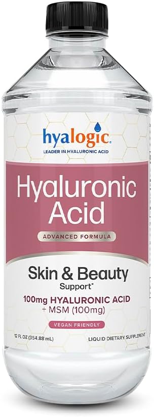 Hyalogic Liquid Hyaluronic Acid Supplement - Ingestible Skin Support with 100mg HA and 100mg MSM - Natural Hydration for The Face Eyes and Lips - High Molecular Weight Formula - 12 oz