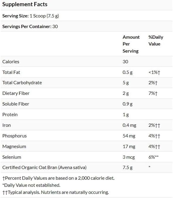 Swanson Certified Organic Oat Bran Fiber 8 Ounce (227 g) Pwdr
