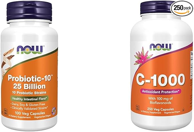 NOW Supplements Probiotic-10™ 25 Billion with 10 Probiotic Strains Dairy Soy and Gluten Free &amp Supplements Vitamin C-1000 with 100 mg of Bioflavonoids Antioxidant Protection* 250 Capsules