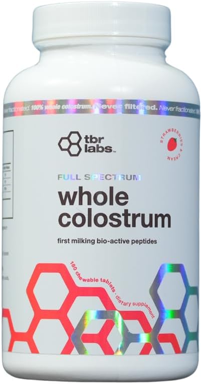 Bovine Colostrum Powder Grass Fed Gut Health Bloating Immunity Skin &amp Hair 400+ Bioactive Nutrients Potent Bioavailable - Strawberries &amp Cream - 180 Tablets (90 Servings)