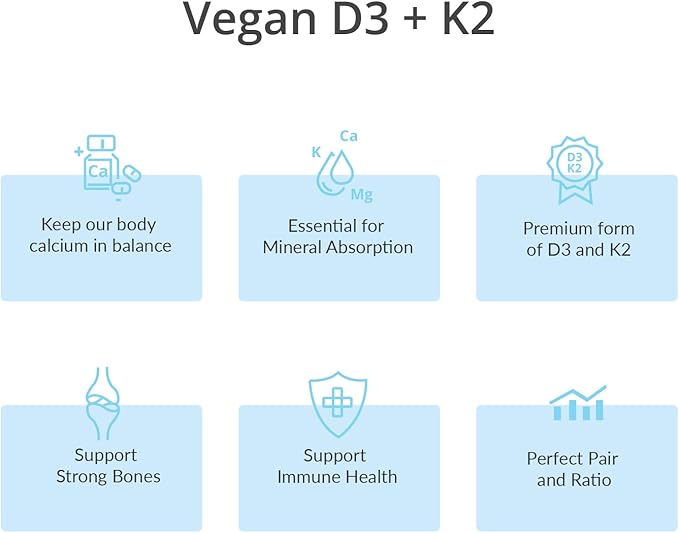 Vitamin D3 K2 with MCT 5000 IU Vegan D3 &amp 100 mcg MK7 K2 Support Strong Bones and Immune Health - 60 Capsules (60 Days Supply)
