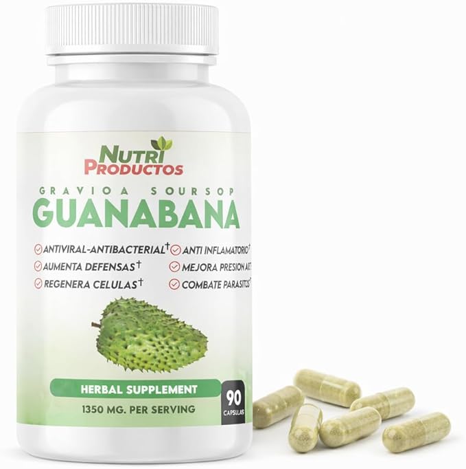 Nutrisalud Products Capsulas de Guanabana Extra potente 1350mg per Serving. Set de 2 frascos con 90 Cap c/u. Aumenta Defensas Anti Inflamatorio Mejora Presion Arterial Regenera Celulas.