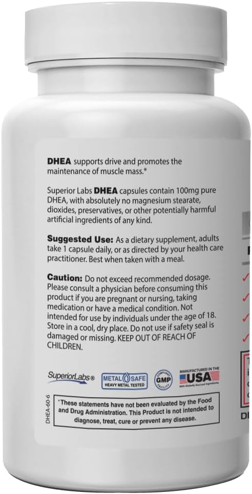Superior Labs – Extra Strength Natural DHEA – Non-GMO 100 mg Dose 60 Vegetable Capsules – Promotes Healthy Aging in Men &amp Women – Helps Restores Youthful Energy Levels (Pack of 2)