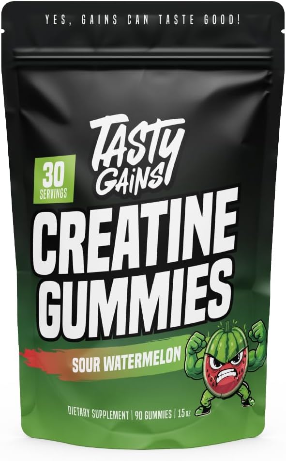 TASTY GAINS Creatine Gummies 90g of Creatine Non-GMO Vegan - Build Muscle &amp Boost Strength for Men &amp Women (1g Creatine Monohydrate Per Gummy) Made in USA (90 Sour Watermelon)