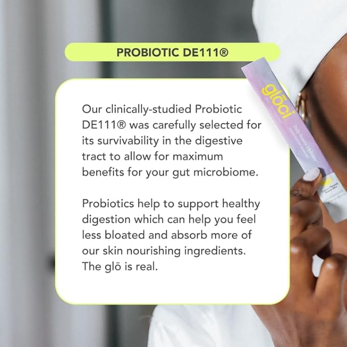 Gloci Skin + Gut - Probiotic DE111 - Hyaluronic Acid Magnesium Vitamin C Zinc Coconut Water Powder - Clinically Studied Probiotic for Radiant Skin Gut Health Hydration - 30 Count