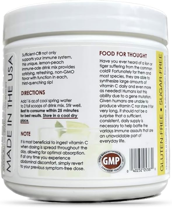 Sufficient-C High-Dosed 4000 mg. Vitamin C Lemon Peach Immune-Ade Drink Mix 250 gram Size - Refreshing with Generously Dosed L-lysine Bromelain &amp 96% Pure Caffeine-Free Green Tea Extract
