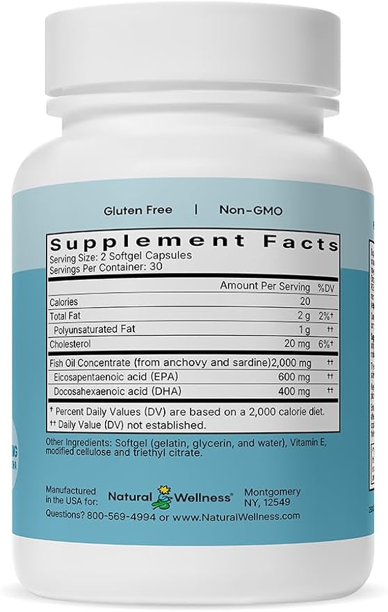 Natural Wellness Super Omega-3 Fish Oil – 600mg EPA &amp 400mg DHA – High Potency Omega 3 Fish Oil Supplement for Heart Brain Joint &amp Immune Health – Purified Enteric-Coated Softgels 60 Count