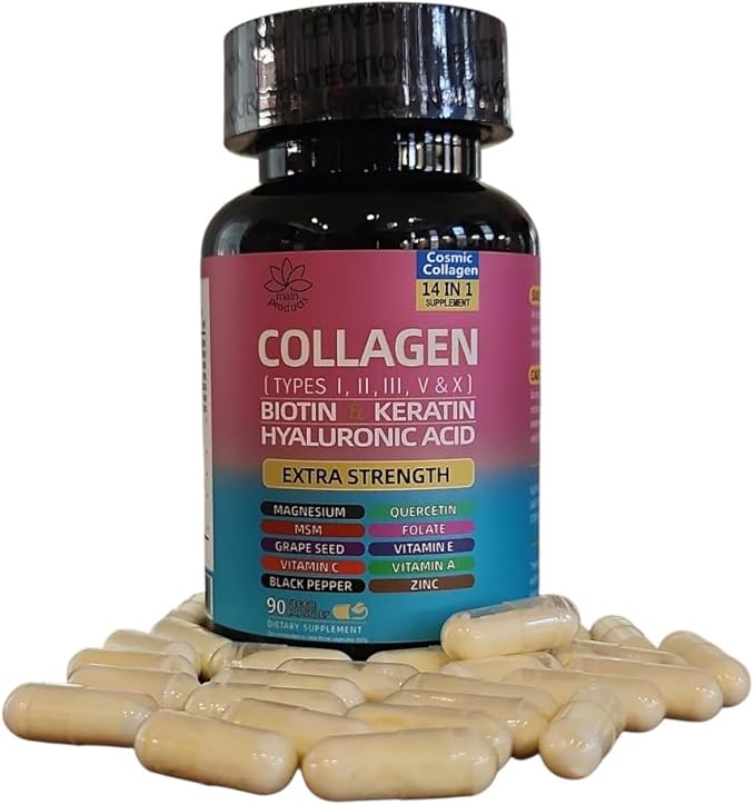 Collagen Peptides Types I II III V &amp X 64000 MCG 14 in 1 Biotin Keratin Hyaluronic Acid Magnesium MSM Grape Seed Vitamin A C &amp E Black Pepper Quercetin Folate Zinc (90 Veggie C