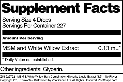 MSM &amp White Willow Bark Combination Glycerite Liquid Extract (1:5) - No Flavor (1 oz ZIN: 522752) - 3 Pack