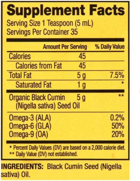 Spring Valley Organic Cold Pressed Black Seed Oil Liquid Antioxidant for Digestion Immune Health Hair Growth and More 6oz with 2 TSP (10ML) Medicine Measuring Spoon