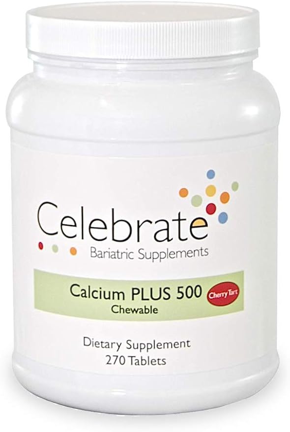 Celebrate Vitamins Calcium Plus - 500mg Calcium Citrate 333 IU Vitamin D3 &amp 34mg Magnesium for Post Bariatric Surgery - Gluten-Free &amp Sugar-Free - Cherry 270 Chewable Tablets