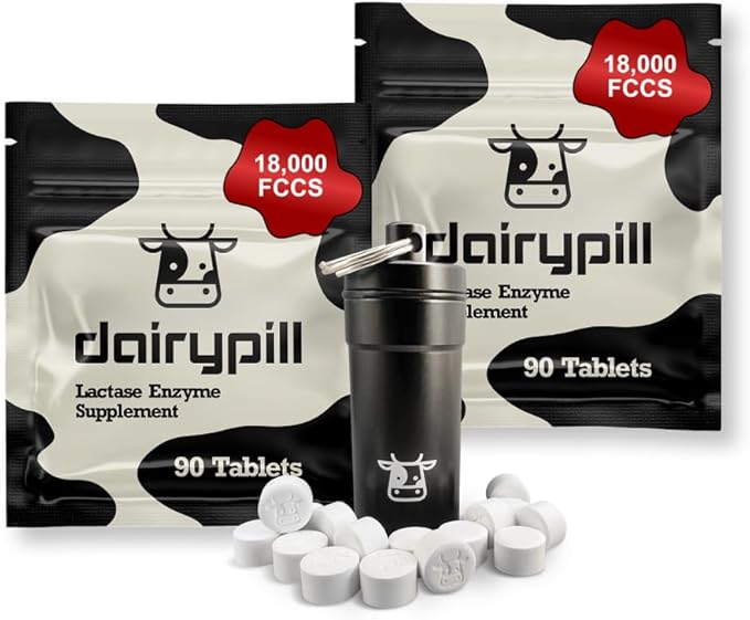 DairyPill Lactase Enzyme 18000 FCCs per Pill 180 Count Solution for Lactose Intolerance Portable Easy to Swallow Preservative and Gluten Free American Made Non GMO