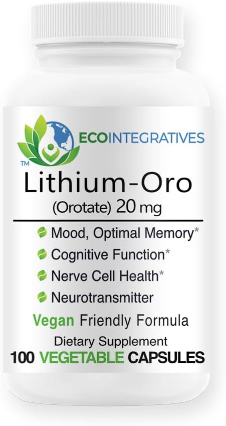 Lithium Oro 20 mg Supports Healthy Mood Emotional Wellness Behavior and Memory. Bioavailable 100 Caps (Elemental Lithium Orotate)