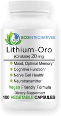 Lithium Oro 20 mg Supports Healthy Mood Emotional Wellness Behavior and Memory. Bioavailable 100 Caps (Elemental Lithium Orotate)
