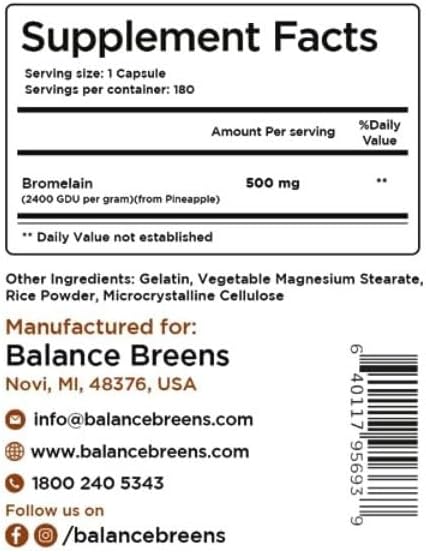 Balancebreens Bromelain 500mg Capsules – 2400 GDU Pineapple Extract Supplement for Joint Support Natural Swelling Support and Healthy Digestion – 180 Capsules Made in USA