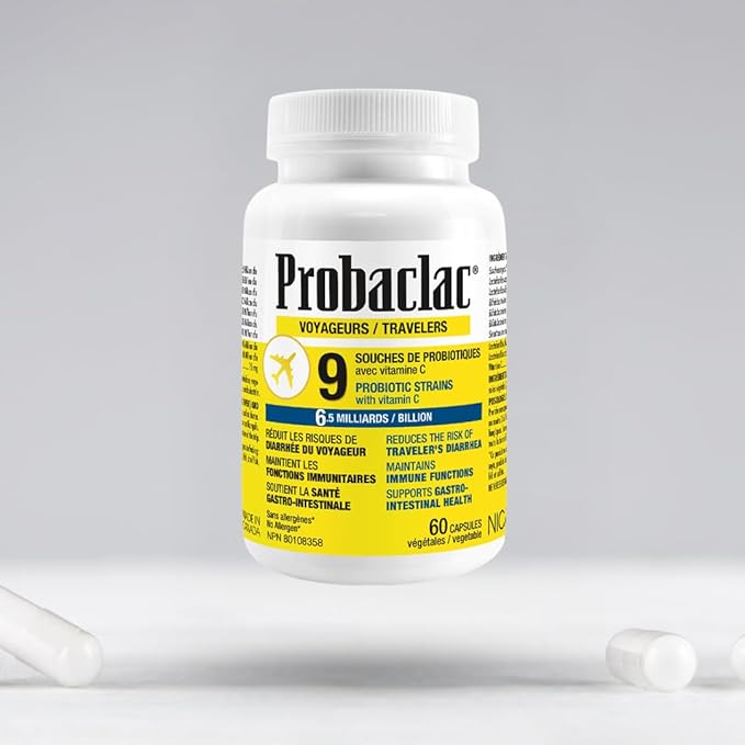 Probaclac Natural Travelers Probiotics Reducing Risk of Diarrhea Contains Vitamin C Immune Support Gluten Free Travel Size Vacation Cruise and Airplane Travel Essentials Vegan 60 Capsules