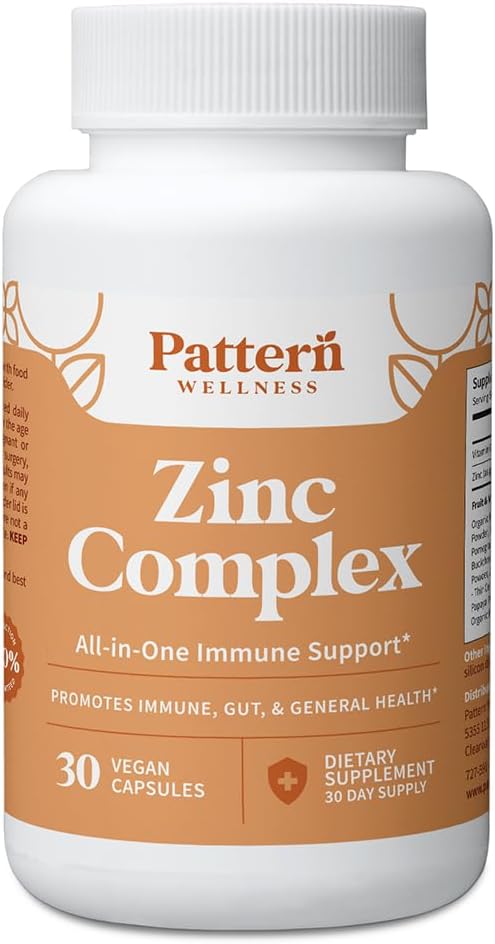 Pattern Wellness Zinc Complex – Supports Immune Skin &amp Digestive Health – High Absorption Zinc with Vitamin C Probiotics &amp Natural Blends – 30 Vegan Capsules