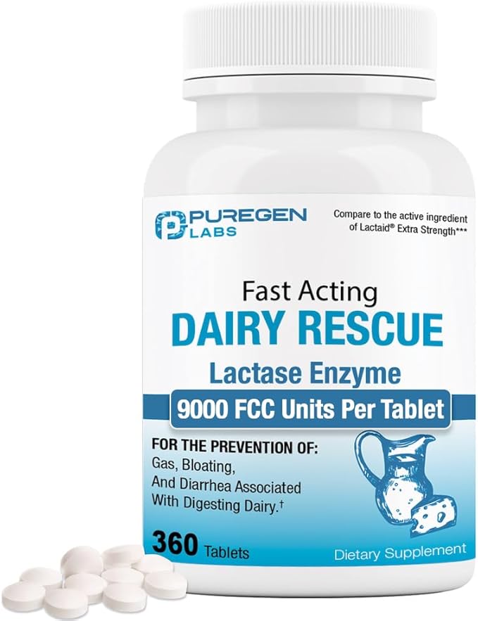 Puregen Labs Dairy Relief Fast Acting Lactase Enzyme 9000 FCC Lactose Intolerance Pills 360 Tablets