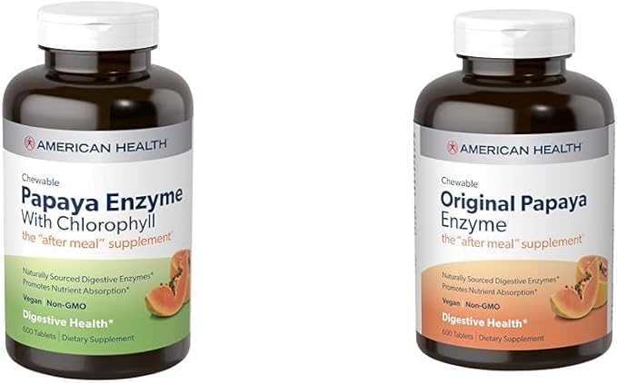 American Health Papaya Enzyme 600 Count Chewable Tablets with Chlorophyll and Original 600 Count Papaya Digestive Enzyme Chewable Tablets Bundle
