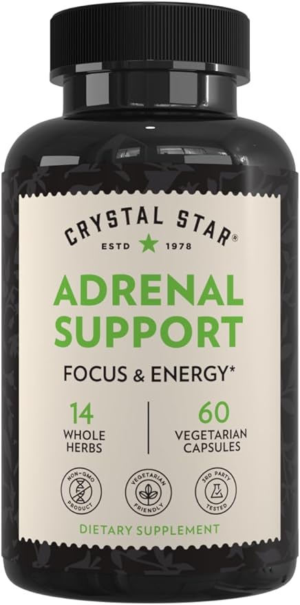 Crystal Star Adrenal Support Supplement (60 Capsules) – Daily Herbal Cortisol Supplement for Stress Relief &amp Adrenal Fatigue - Siberian Eleuthero Licorice Uva Ursi Astragalus &amp Fo-ti – Non-