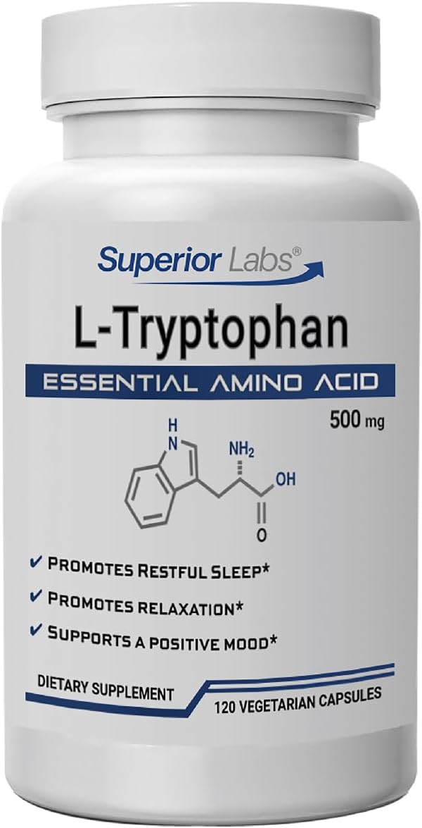 Superior Labs L-Tryptophan 500 mg Capsules Pure Non-GMO Amino Acid High Absorption Supports Sleep and Mood Helps with Occasional Stress PMS Support 120 Veg Caps