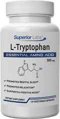 Superior Labs L-Tryptophan 500 mg Capsules Pure Non-GMO Amino Acid High Absorption Supports Sleep and Mood Helps with Occasional Stress PMS Support 120 Veg Caps