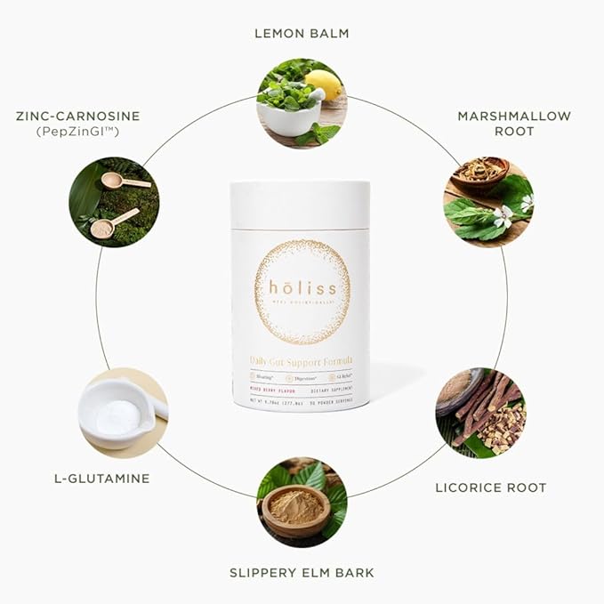 Daily Gut Health Powder 6-in-1 All Natural Supplement Slippery Elm L Glutamine Lemon Balm with PepZinGI - Bloat &amp Gas Relief GI Lining Repair IBS Support - Mixed Berry 30 Servings