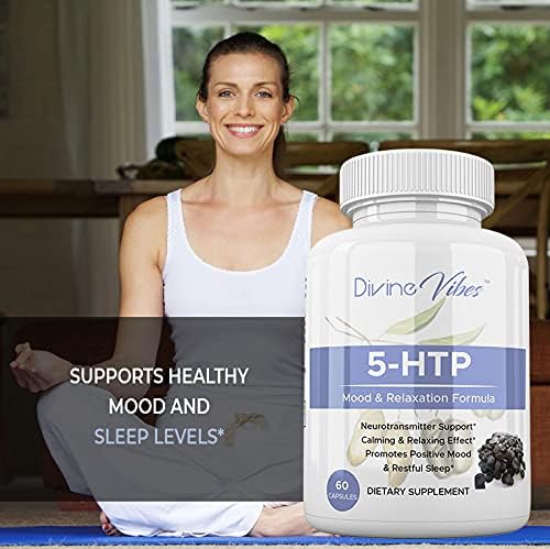 Divine Vibes 5-HTP 200mg Plus Calcium for Mood Sleep Stress Support - Boosts Serotonin Production - High Purity – 60 Capsules