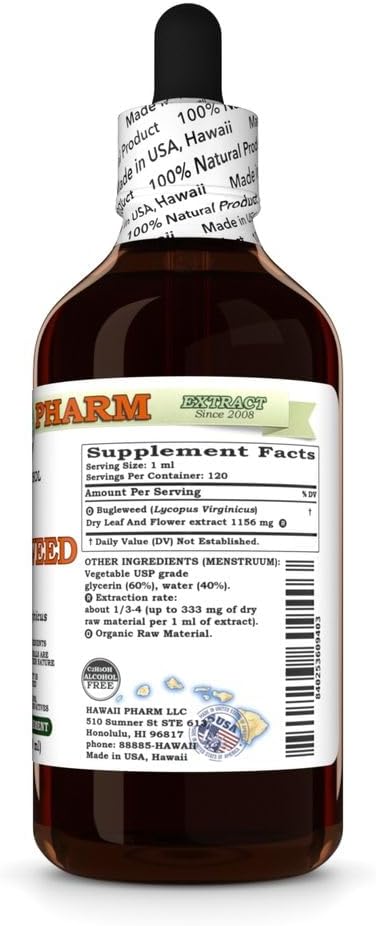 Hawaii Pharm Bugleweed Alcohol-Free Extract Glycerite for Thyroid Balance Eases Premenstrual Discomfort Soothes Breast Tenderness Supports Women's Wellness - 4 fl.oz