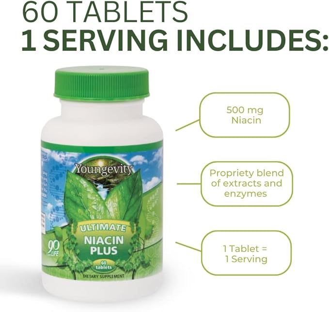 Youngevity Ultimate Niacin Plus™ - 500 mg with Proprietary Blend of Arjuna Bark Hawthorn Berry &amp Nattokinase - 60 Tablets (Pack of 1)