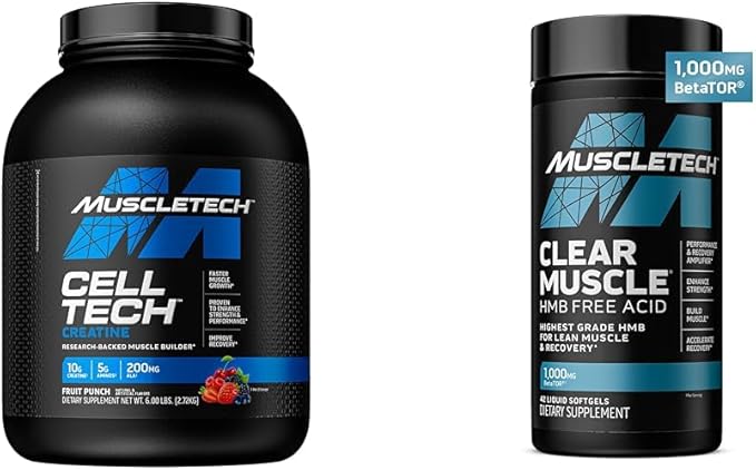MuscleTech Cell-Tech Creatine Powder &amp Clear Muscle HMB Supplements Muscle Builder &amp Recovery Drink for Men &amp Women 6 lbs Powder &amp 42 Softgels